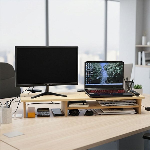 Suporte monitor stand desk Setup Gamer Base elevado Monitor Organizador elevação madeira pinus