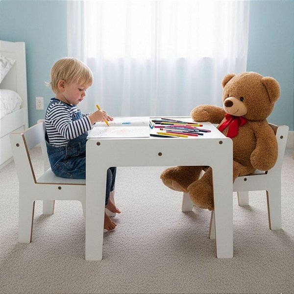 Mesa com cadeiras infantil conjunto kit mdf branco mesinha estudo cadeirinha para atividades desenho