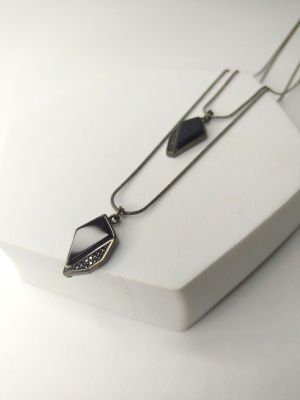Colar Longo Grafite Dupla Camada com Pedra Natural Obsidiana Negra