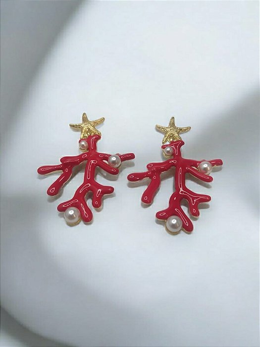 Brinco Estrela do Mar com Coral Vermelho