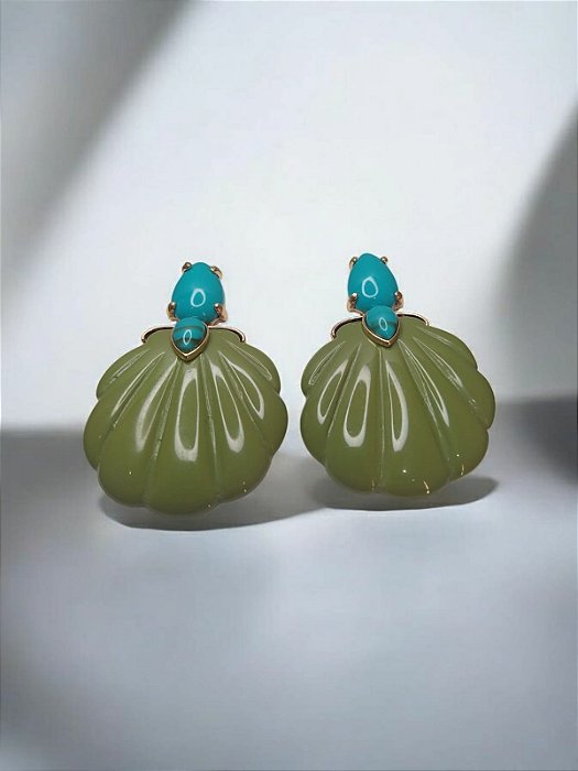 Brinco Concha Verde com Azul Ciano