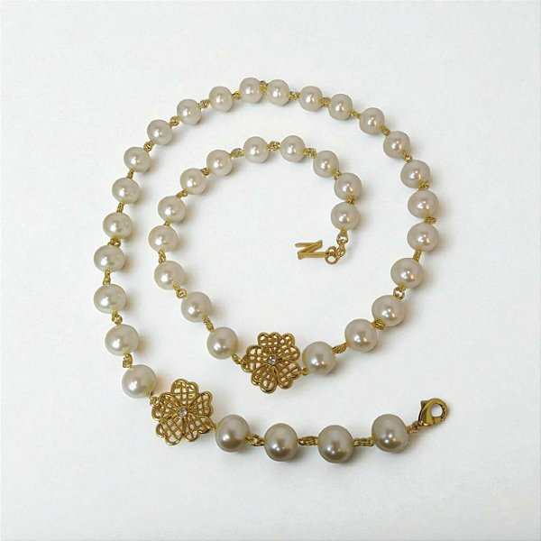 Colar Longo Pérola Pingente de Flor