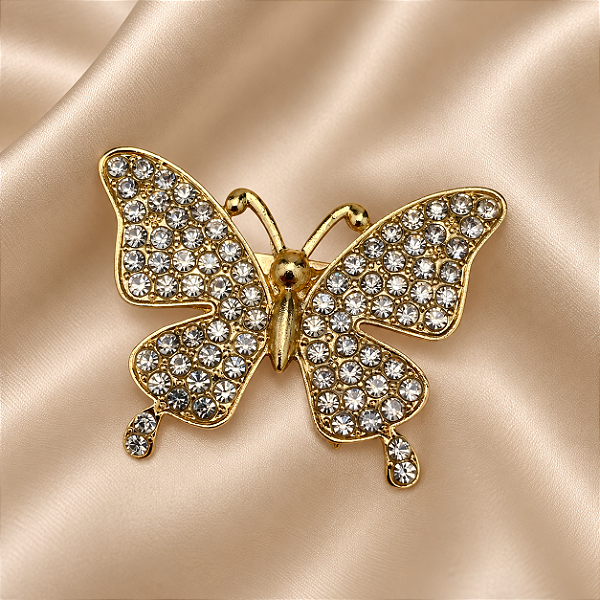 Broche Borboleta Dourada Cravejada
