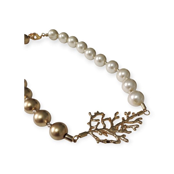 Colar Pérola com Pingente Alga Dourado