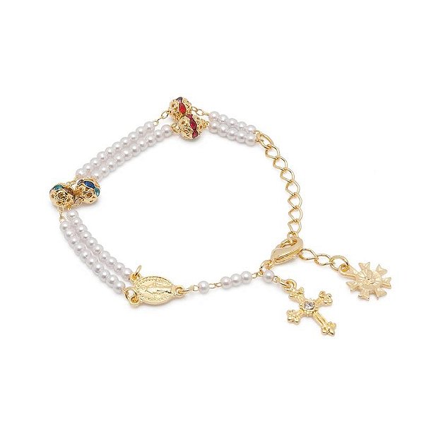 Pulseira Terço Pérola 3mm/Strass Dour (Vidrinho)