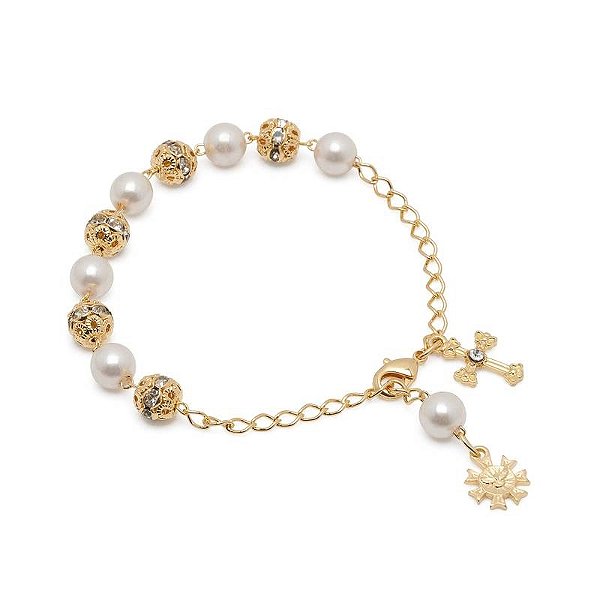 Pulseira Dezena Pérola 8mm/Strass 8mm Dour (Vidrinho)