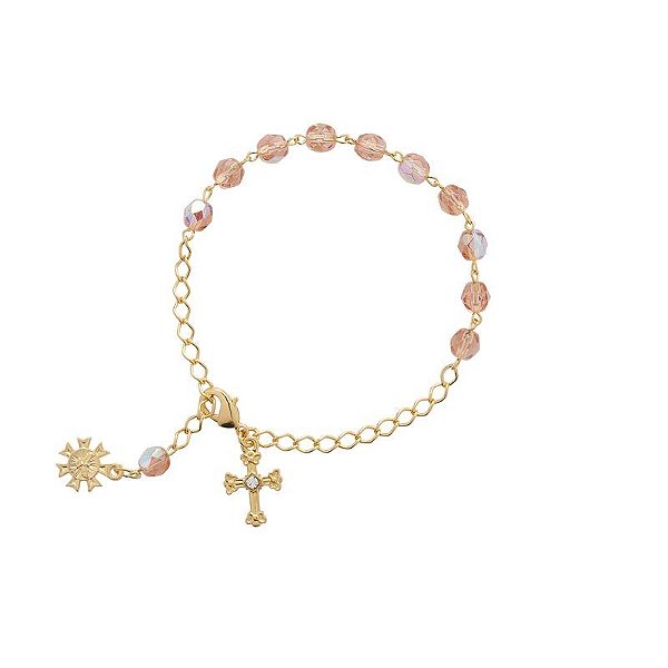 Pulseira Dezena Cristal Vidro 6mm Salmao Irisado Dour (Vidrinho)