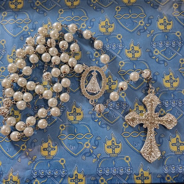 Terço de Noiva Nossa Senhora Aparecida (Cravejado c/ Strass e Banho Prata)