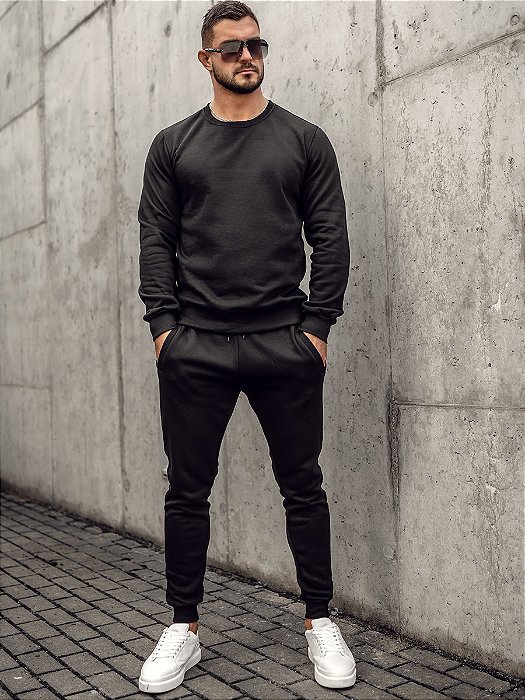 Conjunto de Moletom Masculino Gola Redonda com Calça - Preto
