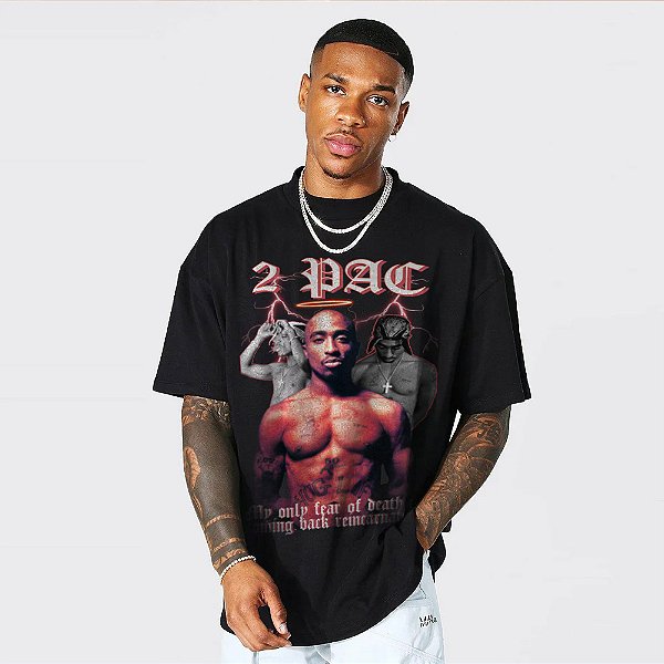 Camiseta Oversized Streetwear Masculina Bootleg Tupac - Preto
