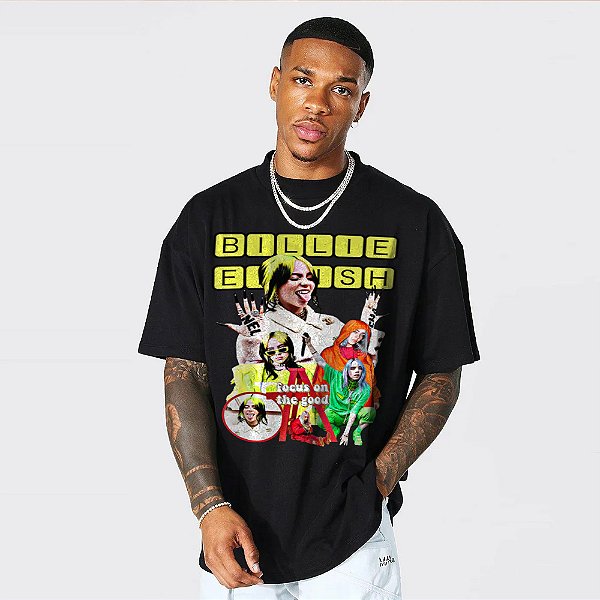 Camiseta Oversized Streetwear Masculina/Feminina Bootleg Billie Eillish Focus On The Good - Preto