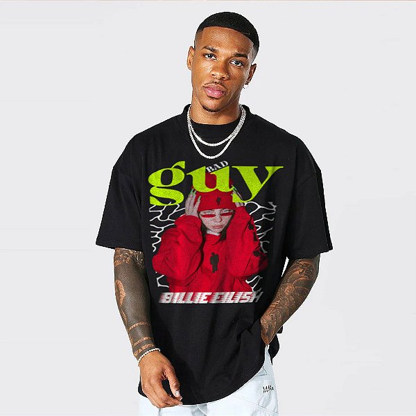 Camiseta Oversized Streetwear Masculina/Feminina Bootleg Billie Eillish Bad Guy - Preto
