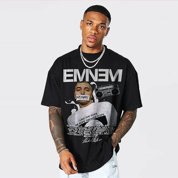 Camiseta Oversized Streetwear Masculina/Feminina Bootleg Eminem - Preto