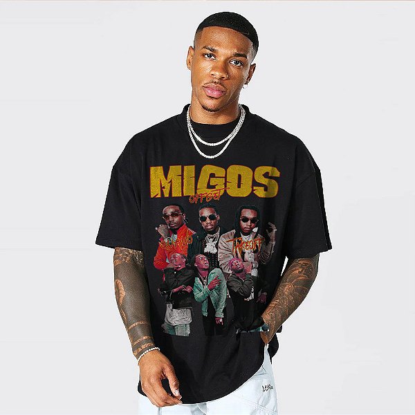 Camiseta Oversized Streetwear Masculina/Feminina Bootleg Migos Off Set - Preto