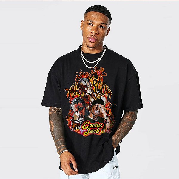 Camiseta Oversized Streetwear Masculina/Feminina Travis Scott Cactus Jack - Preto