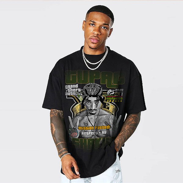 Camiseta Oversized Streetwear Masculina/Feminina Tupac GTA - Preto