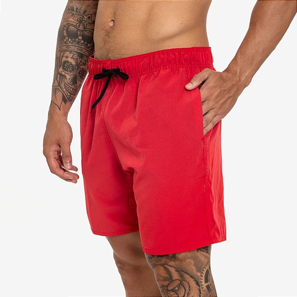 Short Masculino Moda Praia Tactel Secagem Rápida Liso com Bolsos - Vermelho