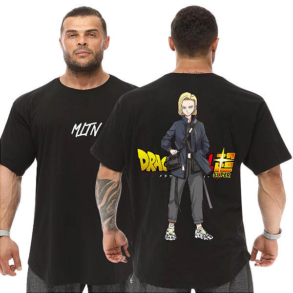 Camiseta Oversized Masculina Larga Para Treino e Academia - Dragon Ball Androide 18