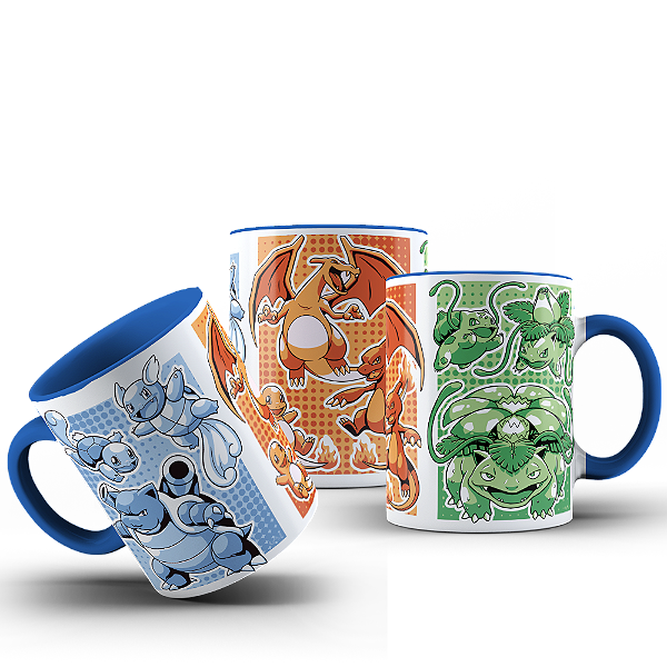 Caneca Anime Pokemon Evoluções Charmander, Squirtle, Bulbasauro Agua fogo Planta #494