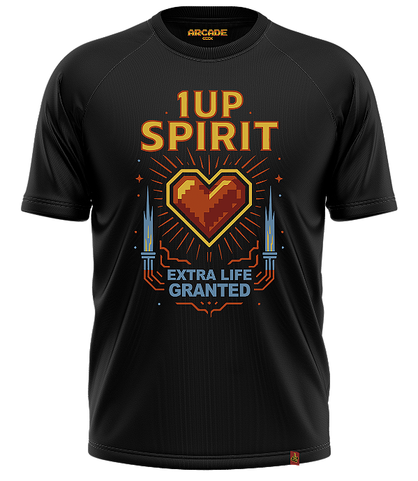 Camiseta Arcade Geek Gamer 1UP SPIRIT Extra Life Granted 8-bits Coração #518