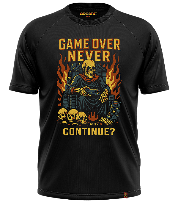 Camiseta Arcade Geek Gamer Game Over Never Continue Skull Caveira #520