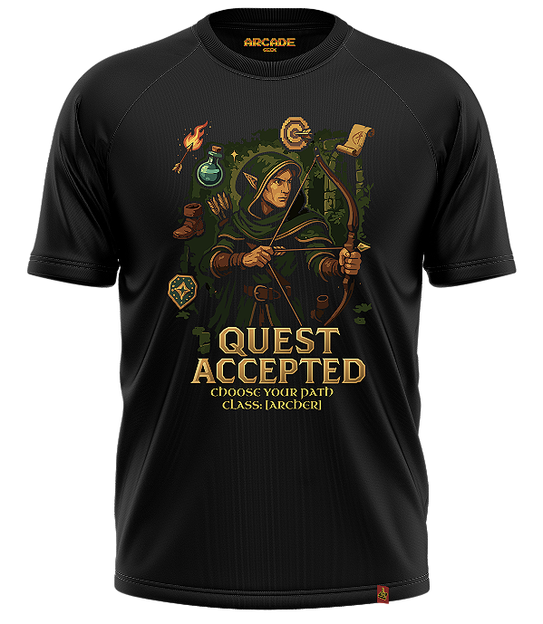 CAMISETA ARCADE GEEK GAMER RPG QUEST ACCEPTED ARCHER ARQUEIRO CHOOSE YOUR PATH XP DRAGONS #532