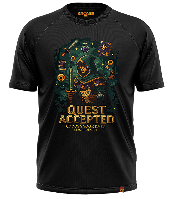 CAMISETA ARCADE GEEK GAMER RPG QUEST ACCEPTED PALADIN PALADINO CHOOSE YOUR PATH XP DRAGONS #529