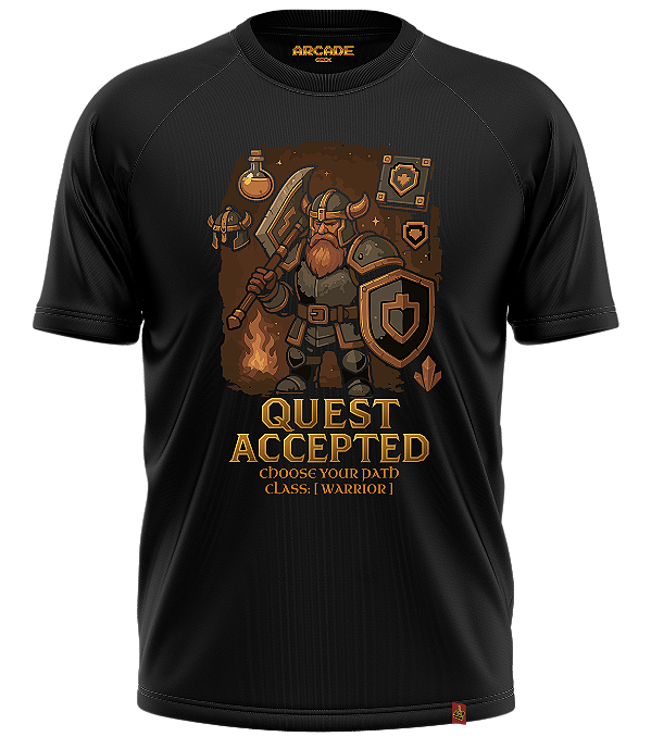 CAMISETA ARCADE GEEK GAMER RPG QUEST ACCEPTED WARRIOR GUERREIRO CHOOSE YOUR PATH XP DRAGONS #530