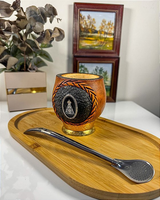 Kit Cuia Nossa Senhora Aparecida + Bomba Inox Chapéu c Terço