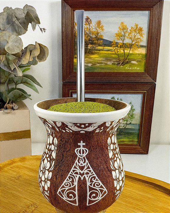 Kit Cuia Chima Floral N.S. Aparecida+Bomba Inox Pedra Branca