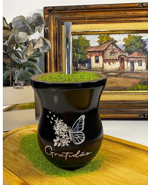 Kit Chimarrão Preta Gratidão c Borboleta + Bomba Inox Lisa