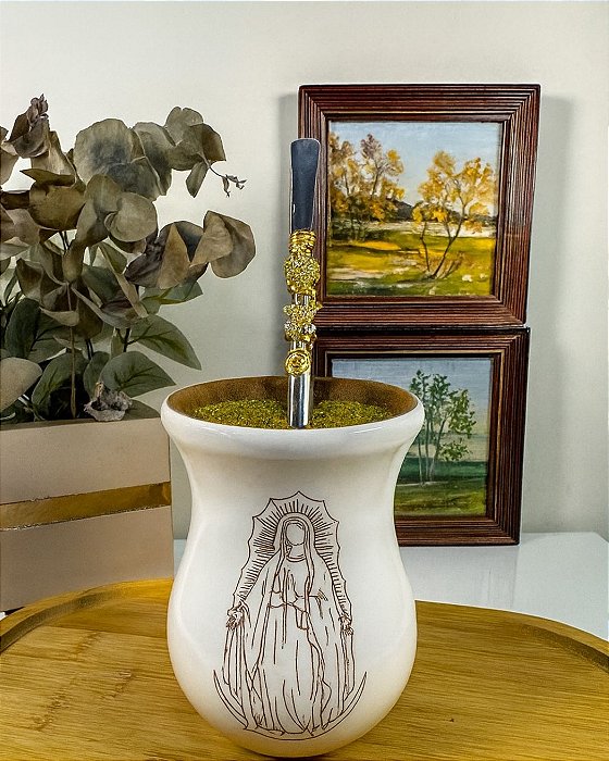 Kit Cuia Branca N.S. de Guadalupe + Bomba Inox com Flor