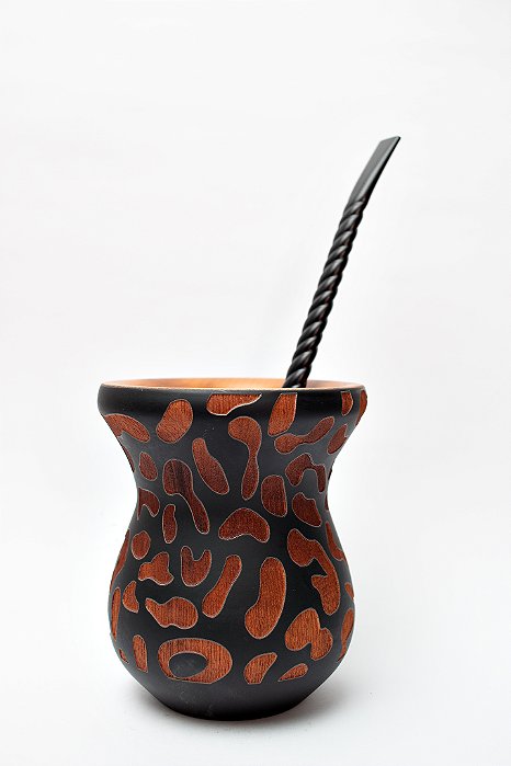 Kit Chimarrão - Cuia madeira preta oncinha c/ bomba inox