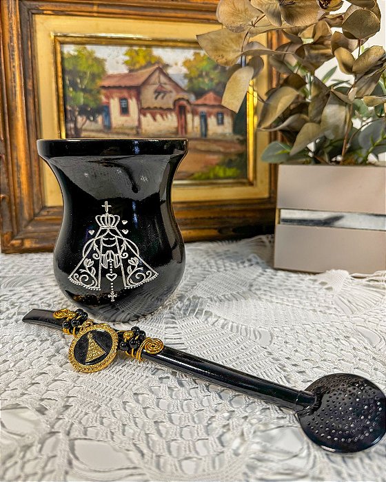 Kit Chimarrão Cuia Madeira Preta N.S.Aparecida + Bomba Inox