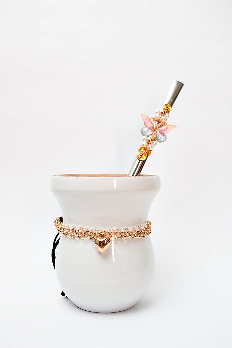 Kit chimarrão - Cuia Branca, Choker e Bomba de Borboleta