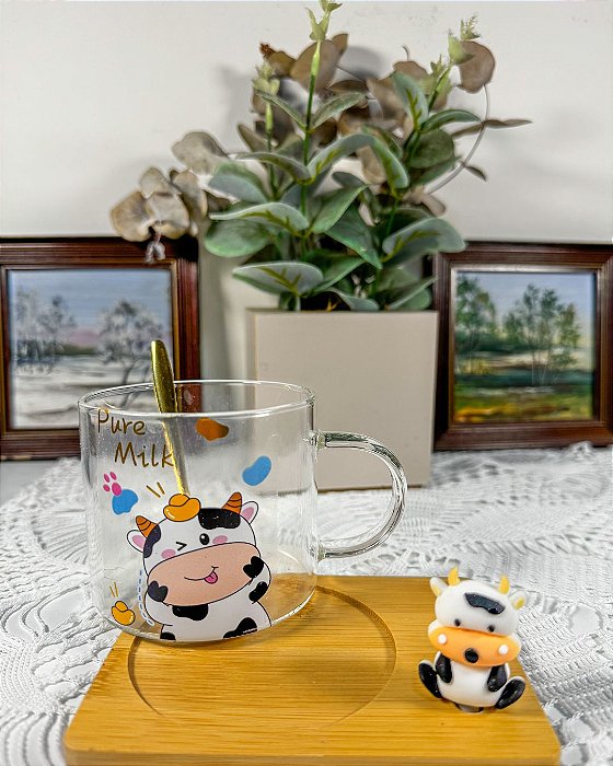 Caneca Vidro c Pires,“Pure Milk”+Colher–Detalhe 3D Vaquinha