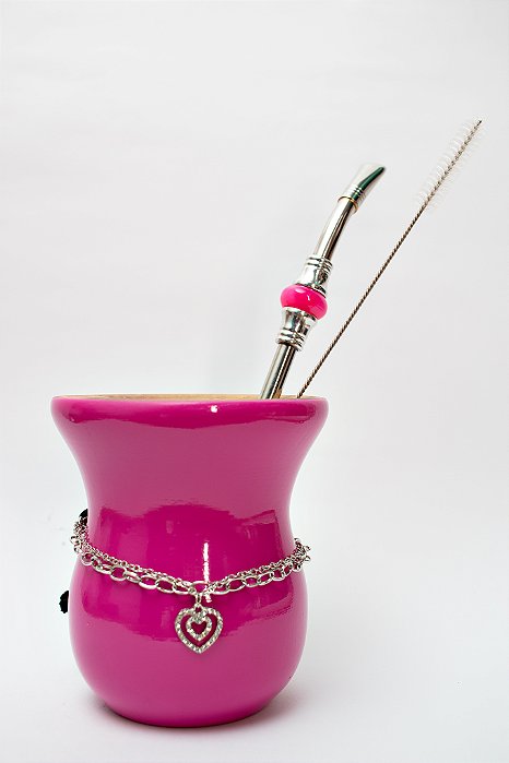 Kit Chimarrão - Cuia de madeira pink, com Choker e Bomba Inox