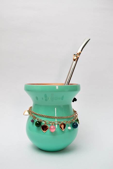 Kit Chimarrão - Cuia Madeira Verde c/  Choker e bomba inox