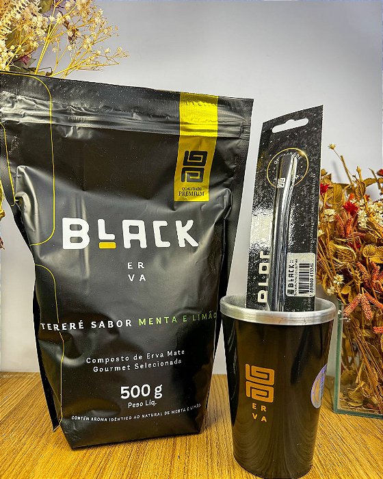 Kit Tereré Black–Copo Térmico+Bomba+Erva-Mate Menta & Limão