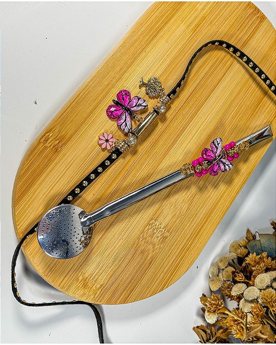 Kit Pulseira Borboleta Pink + Bomba Inox Pingente Combinando
