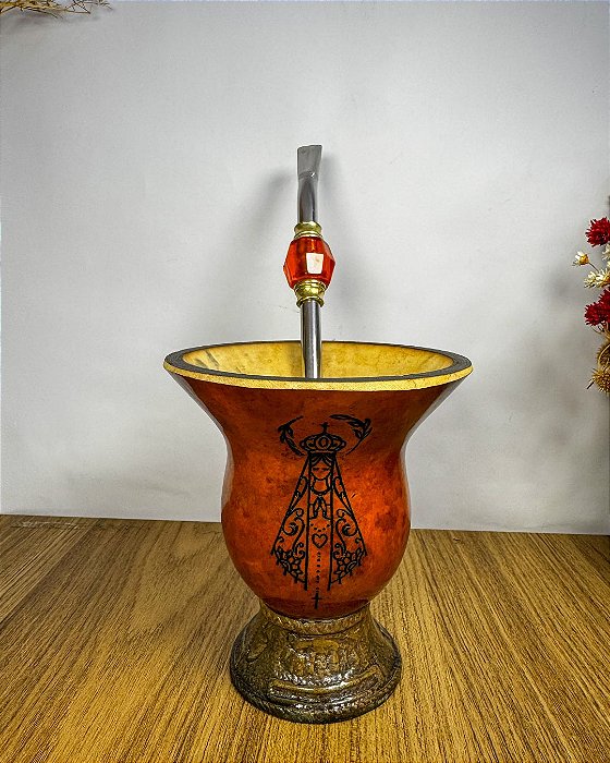 Cuia Porongo Natural Gravação N.S.Aparecida+Bomba Inox