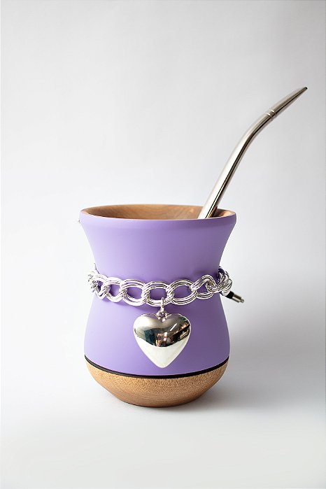 Kit Chimarrão - Cuia Madeira Lilás c/ Choker e Bomba