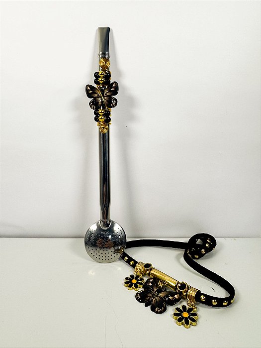 Bomba Inox c/ miçangas e Pulseira de cuia Borboleta Preta