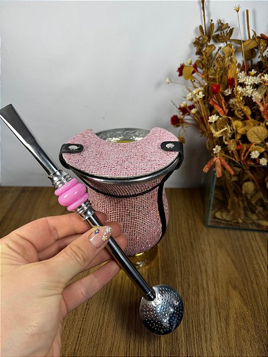 Kit Chimarrão Cuia Rosa Bebê Brilhante + Bomba Rosa