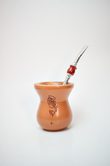 Kit Chimarrão - Cuia Madeira Caramelo Nossa Senhora e bomba inox