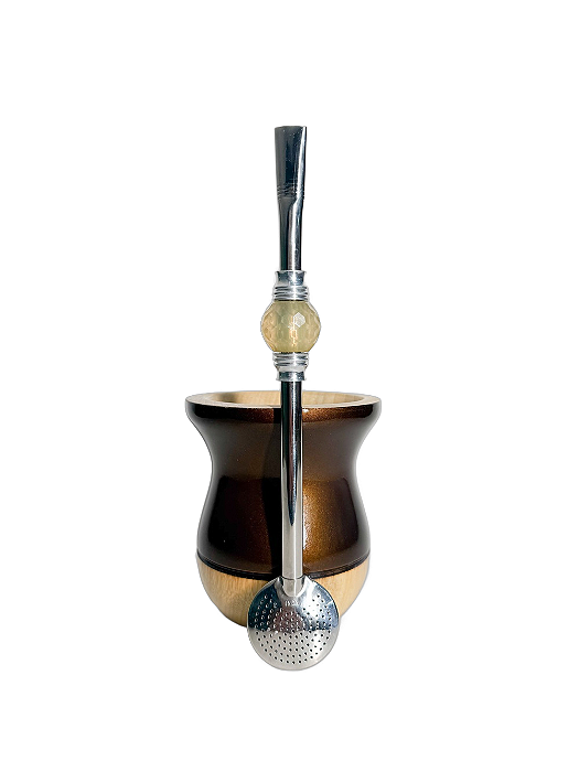 Kit Chimarrão - Cuia De Madeira Marrom Pérola e Bomba Inox