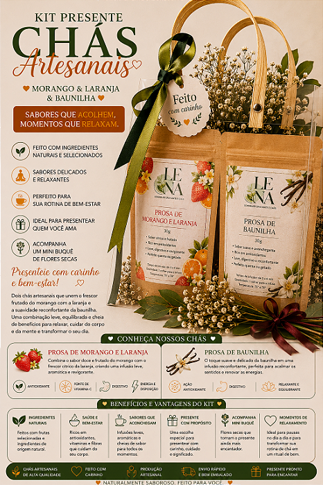 Kit Presente Chá Artesanal –Prosa Morango e Laranja+Baunilha