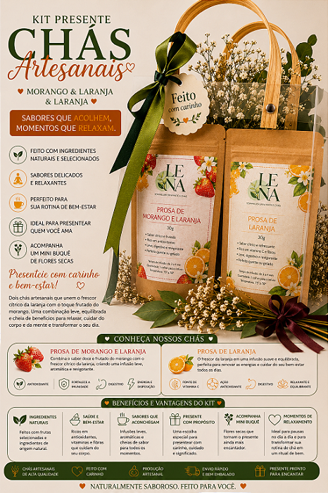 Kit Presente Chá Artesanal –Morango e Laranja+ Prosa Laranja