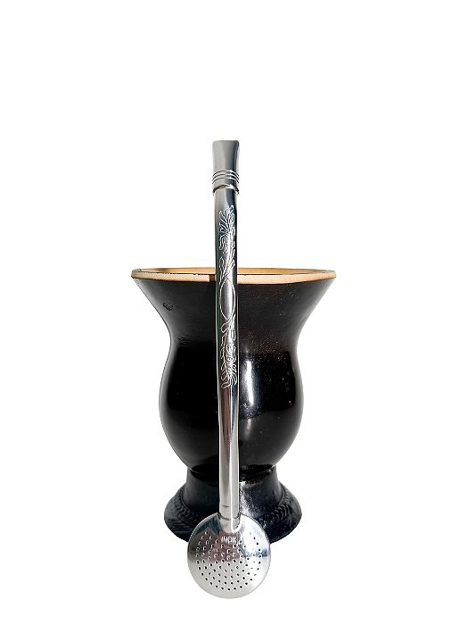 Kit Chimarrão Cuia Porongo Preta c/ Bomba Inox Detalhada