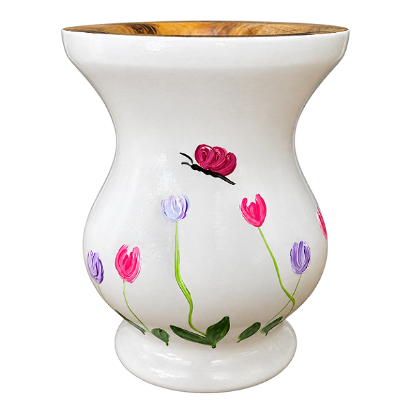 Cuia Pônei Branca Tulipas e Borboletas Pintada à Mão